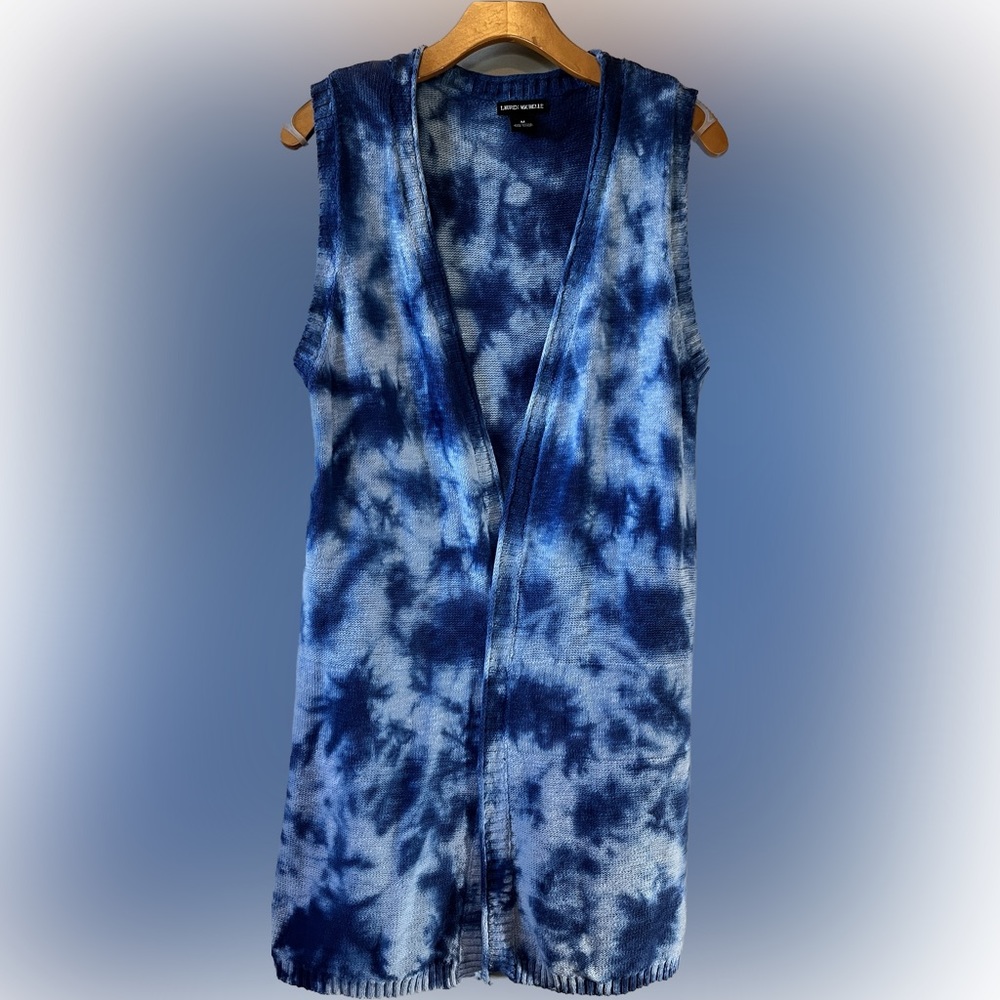 Lauren Michelle Sleeveless Duster Long Sweater vest Cardigan blue Tie Dye Medium